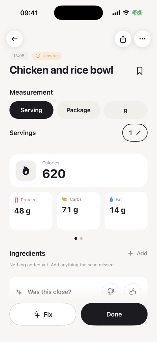 Kcal — a meal read from a photograph, with its measure and macros