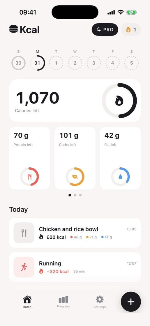 Kcal — the day at a glance: calories left, macros, and what has been logged